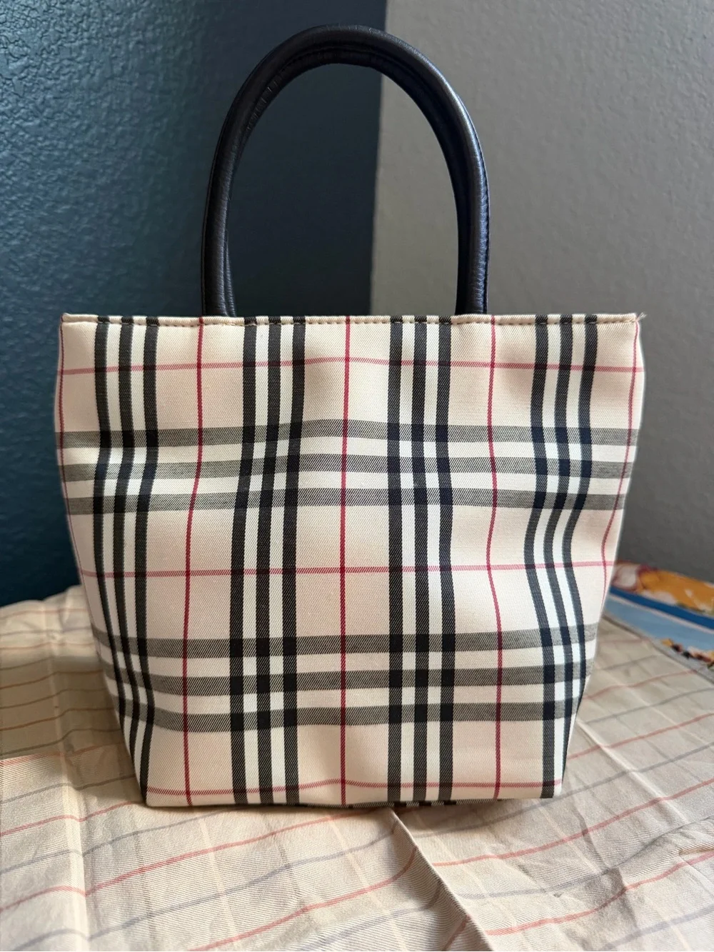 Burberry Beige Plaid Tote with Black Handles